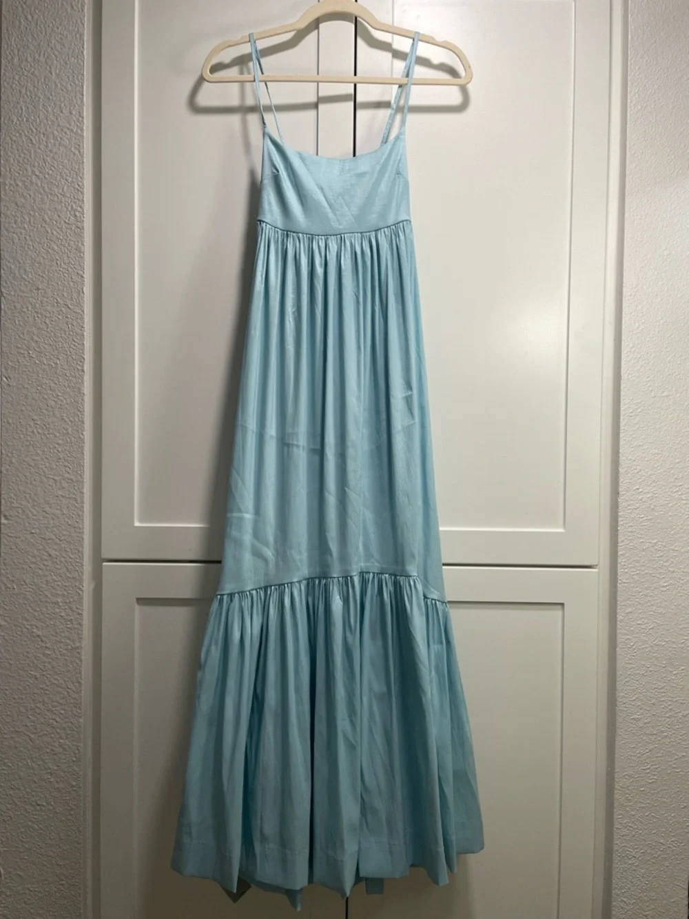 A&F Drama Bow-Back Taffeta Maxi Dress Light Blue Summer Wedding Modern Romantic